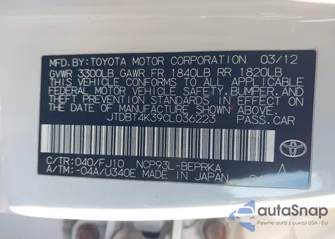 2012 Toyota Yaris из США, поврежденный, VIN JTDBT4K39CL036223